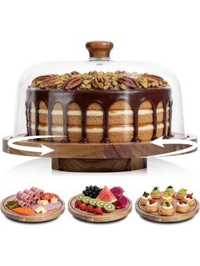 12in Wooden Rotating Cake Stand with Acrylic Dome Lid - Perfect for Weddings